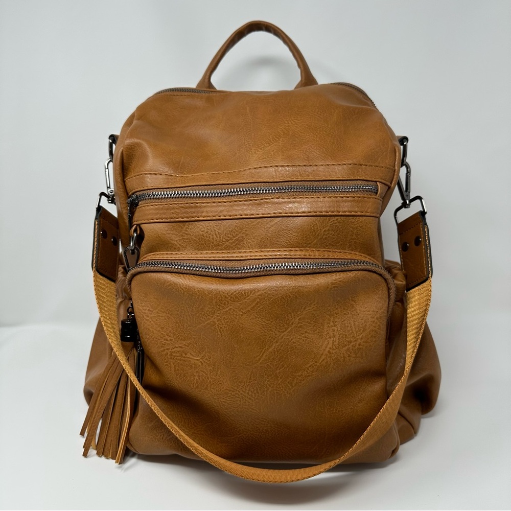 Roulens Tan, Brown Vegan Leather Backpack for Women, convertible, many pockets